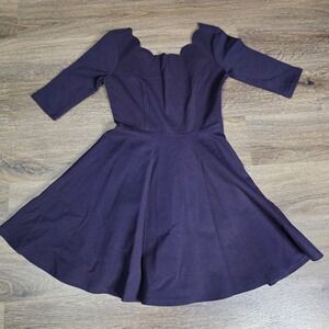 Lulus Womens XS Skater Dress Purple Scalloped Neck 3/4 Sleeve Fit Flare 604